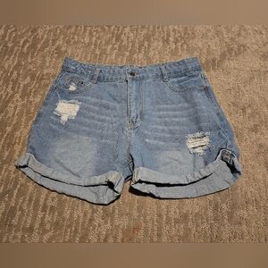 Trendy Light Blue Distressed Jean Shorts